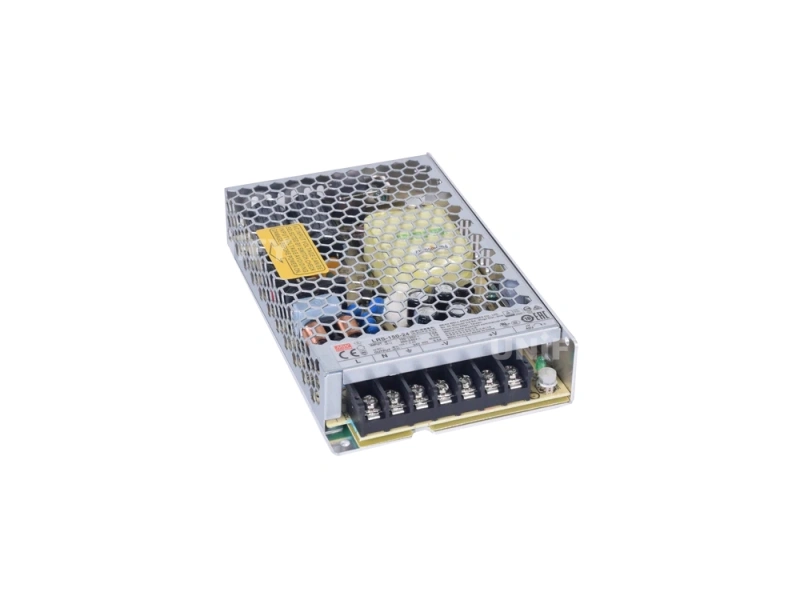 Mean Well LRS-150-12 switching power supply top view showing label and input switch position