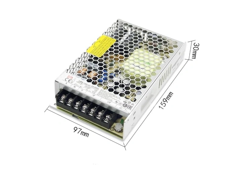 Mean Well LRS-150 switching power supply angled view with honeycomb perforated case and screw terminals