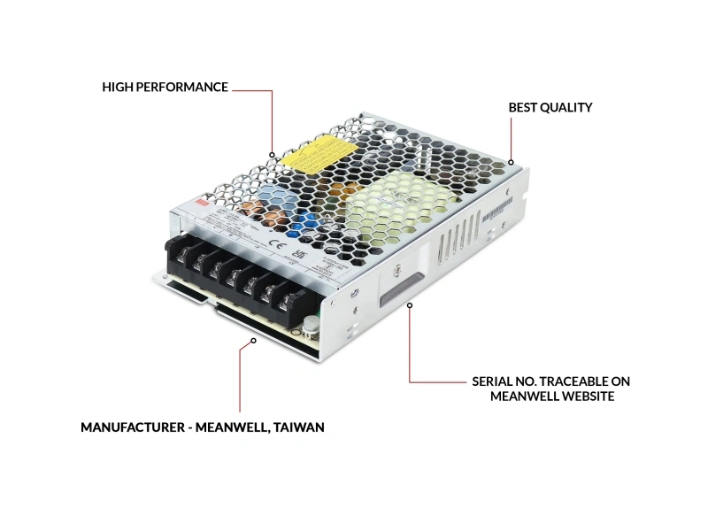 Mean Well LRS-150 switching power supply annotated with high performance best quality and serial number traceable on MEAN WELL website