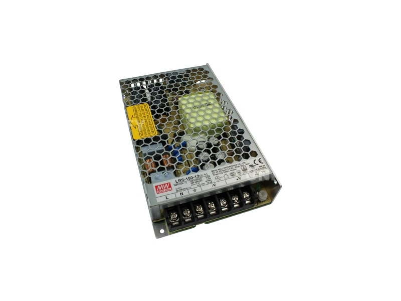 Mean Well LRS-150-24 power supply standing upright showing L N FG -V +V terminals and ADJ potentiometer