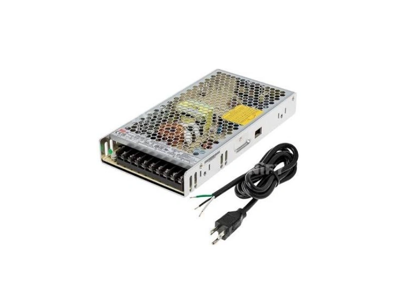 Mean Well LRS-200-24 switching power supply with AC power cord showing nine terminal block layout