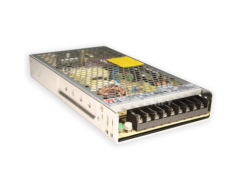 Mean Well LRS-200-24 switching power supply flat angled view with honeycomb perforated case