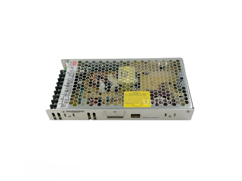 Mean Well LRS-200-5 switching power supply top view showing label and internal choke