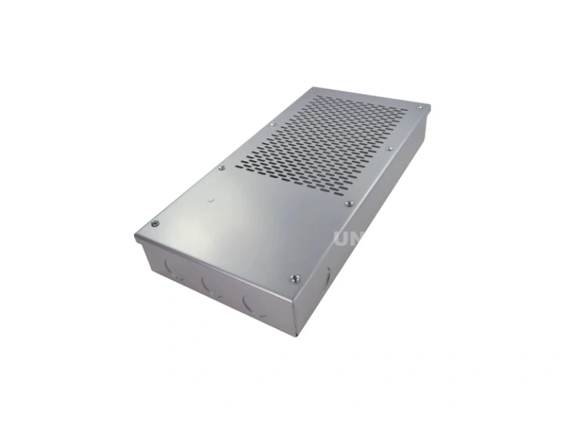 Mean Well LRS-200-24 switching power supply angled view with honeycomb case and nine-terminal block