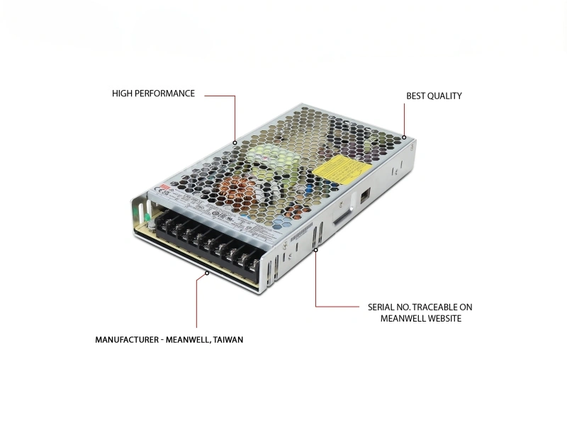 Mean Well LRS-200 switching power supply annotated with high performance best quality manufacturer MEANWELL Taiwan and serial number traceable on MEANWELL website