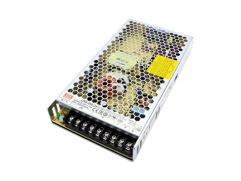 Mean Well LRS-200 power supply base plate showing mounting screws perforated grid and cable entry holes