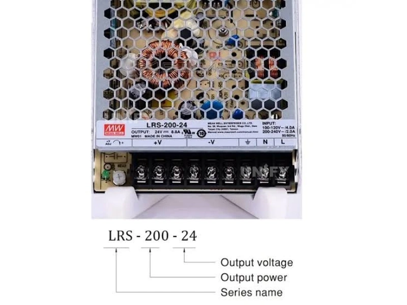 Mean Well LRS-200-24 label closeup with model code breakdown showing series name output power and output voltage