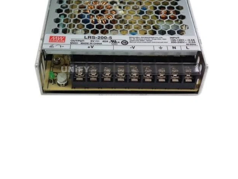 Mean Well LRS-200-5 label showing 5V 40A output with terminal cover and adjustment potentiometer
