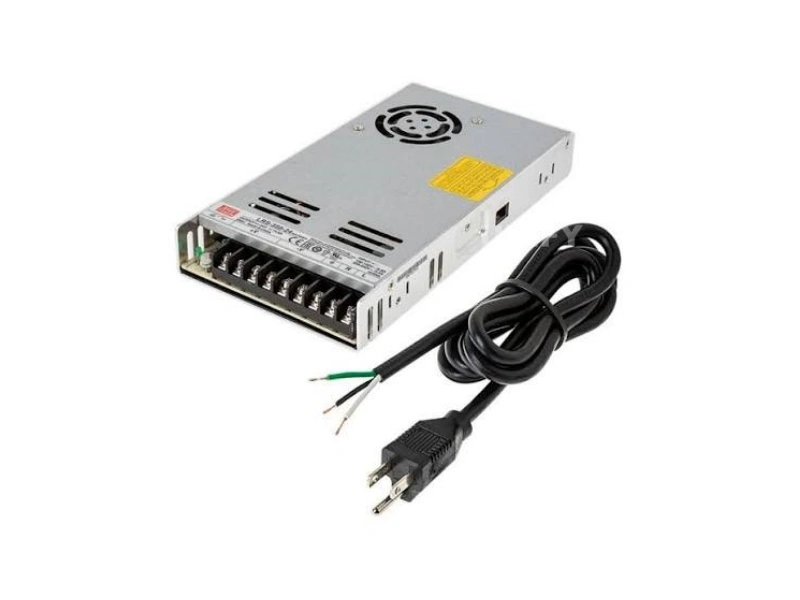 Mean Well LRS-350-24 switching power supply with AC power cord showing fan grille and terminal block