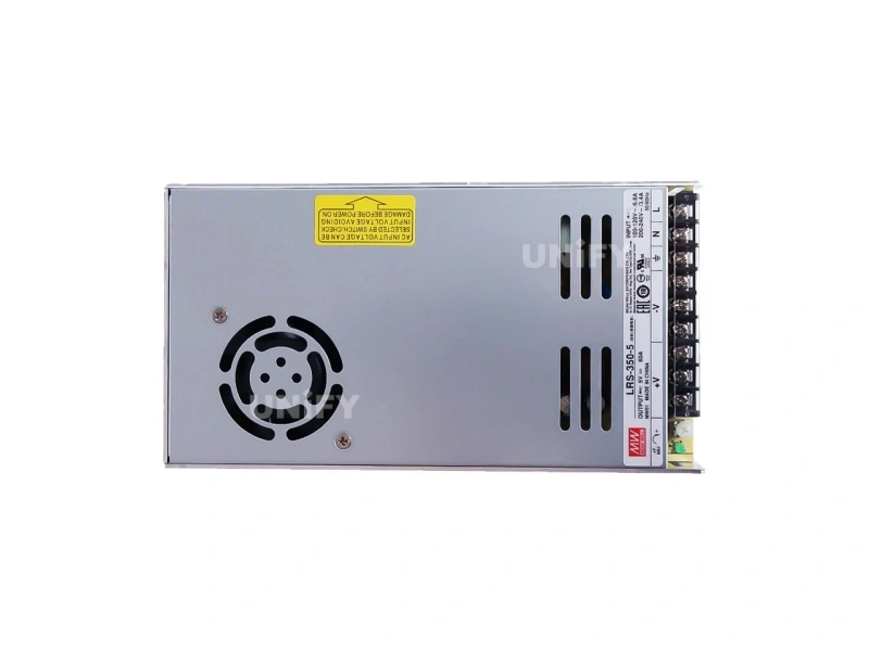 Mean Well LRS-350-5 switching power supply top view showing 5V 60A label and fan grille
