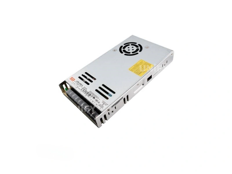 Mean Well LRS-350-24 switching power supply angled top view showing fan grille warning label and terminal block