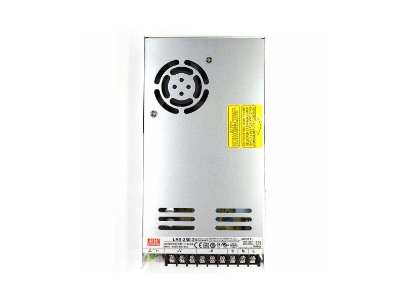 Mean Well LRS-350-24 switching power supply front view showing cooling fan grille label and nine terminal block