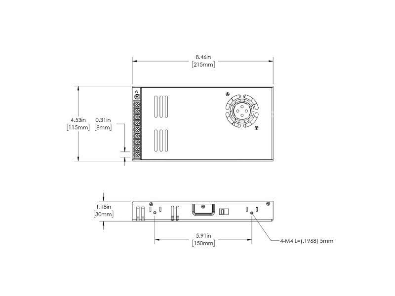 Mean Well LRS-350 engineering drawing showing 215mm 115mm 30mm dimensions terminal row and 4-M4 mounting