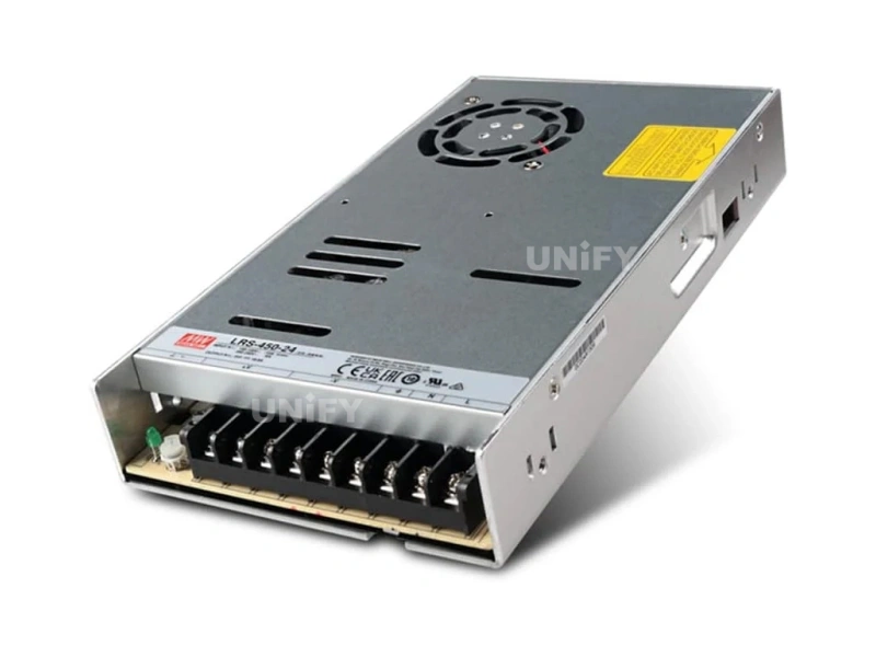 Mean Well LRS-350-24 label closeup with model code breakdown showing series name output power and output voltage