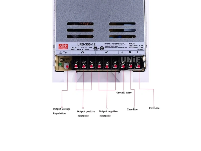Mean Well LRS-350-12 terminal wiring diagram showing output voltage regulation positive negative electrodes ground wire neutral and line