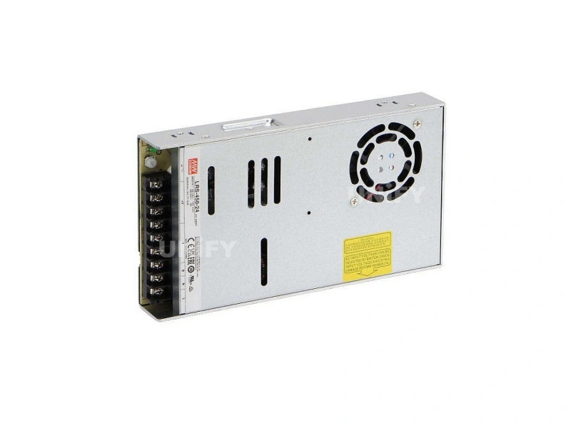 Mean Well LRS-450-24 switching power supply angled side view showing 35mm case fan grille and terminal block