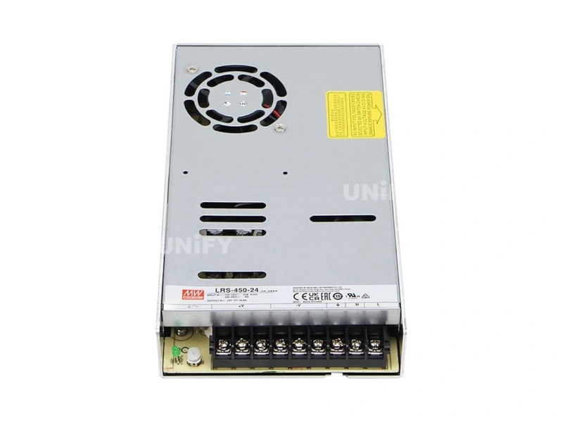 Mean Well LRS-450-24 switching power supply front view showing fan grille label and nine terminal block