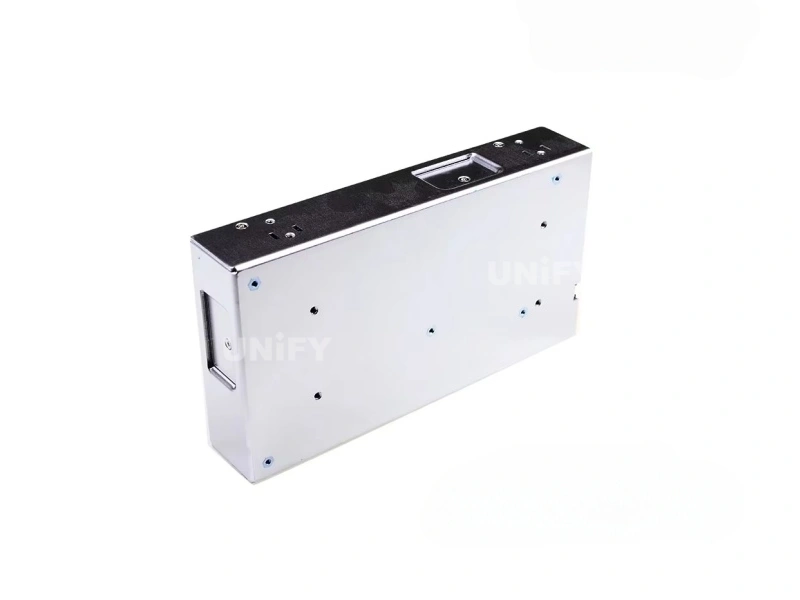 Mean Well LRS-450 power supply base plate showing mounting holes and handle cutouts
