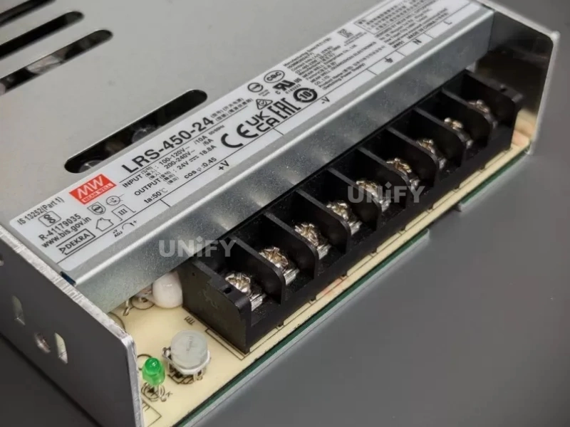 Mean Well LRS-450 switching power supply low side profile showing 35mm case height handle and ventilation