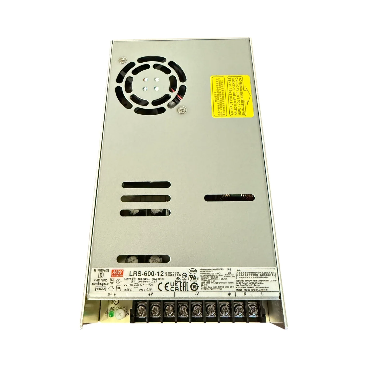 Mean Well LRS-600-12 switching power supply angled view showing fan grille ventilation and terminal block